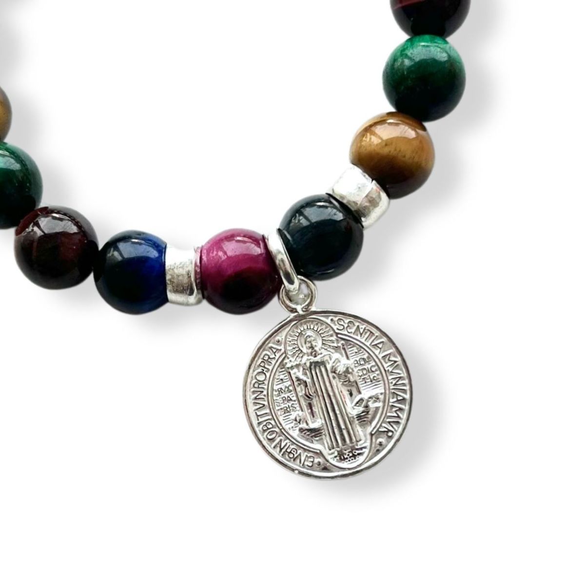 SANTORAL - Pulsera Medalla de San Benito - Ojo de Tigre y Plata