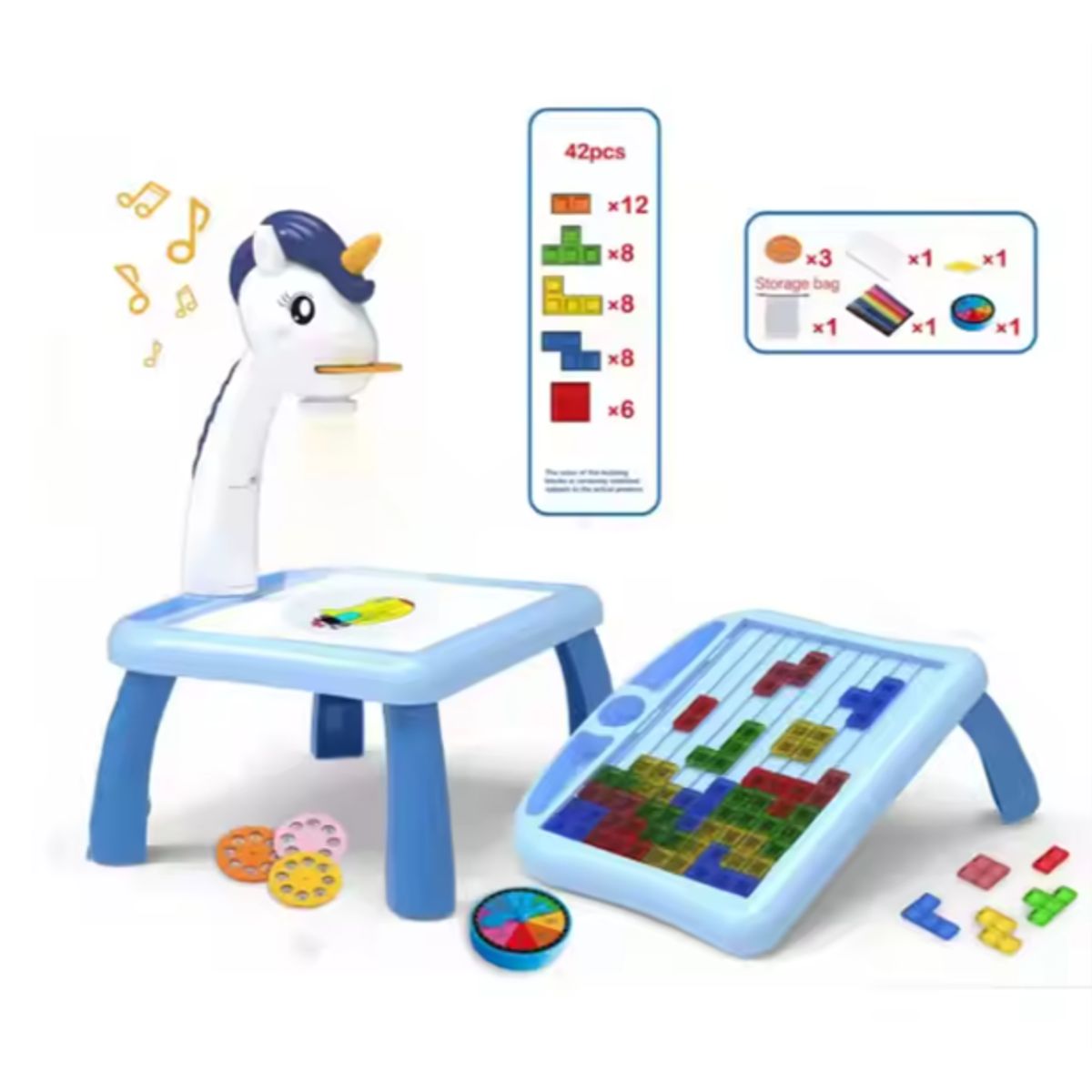 GENERICO - Pizarra Proyector de Dibujo Unicornio 3 en 1 Musical Azul