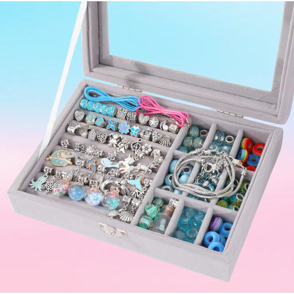 GENERICO - SET PARA ARMAR PULSERAS Y COLLARES DE 110 PIEZAS CELESTE