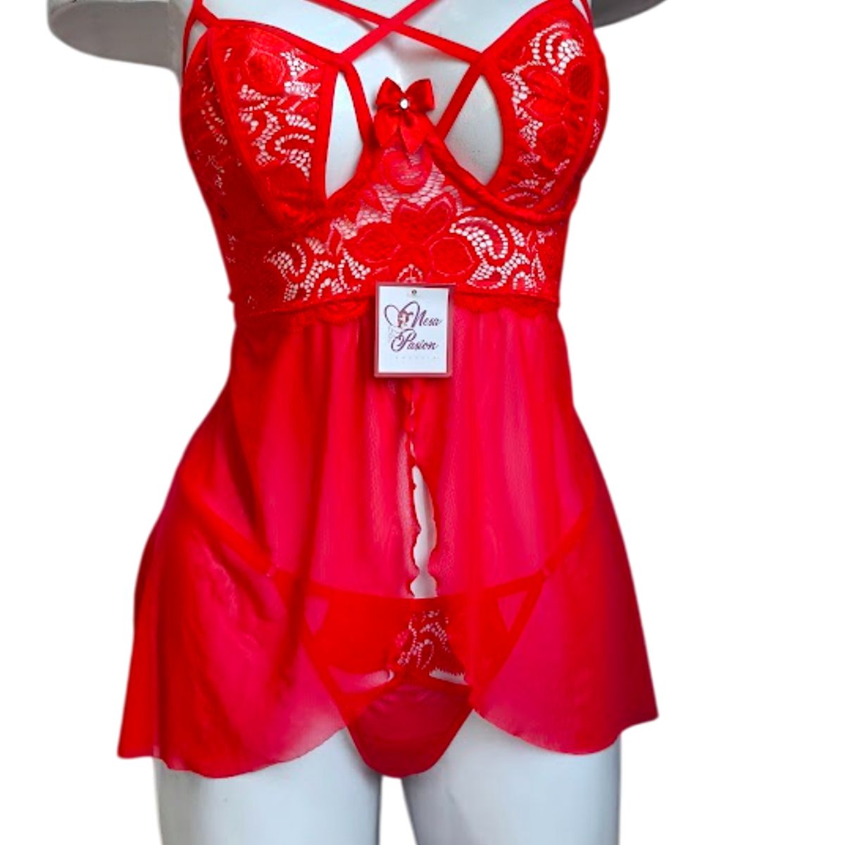 GENERICO - LENCERIA BABYDOLL DE ENCAJE ROJO CON MEDIAS PIJAMA SEXY