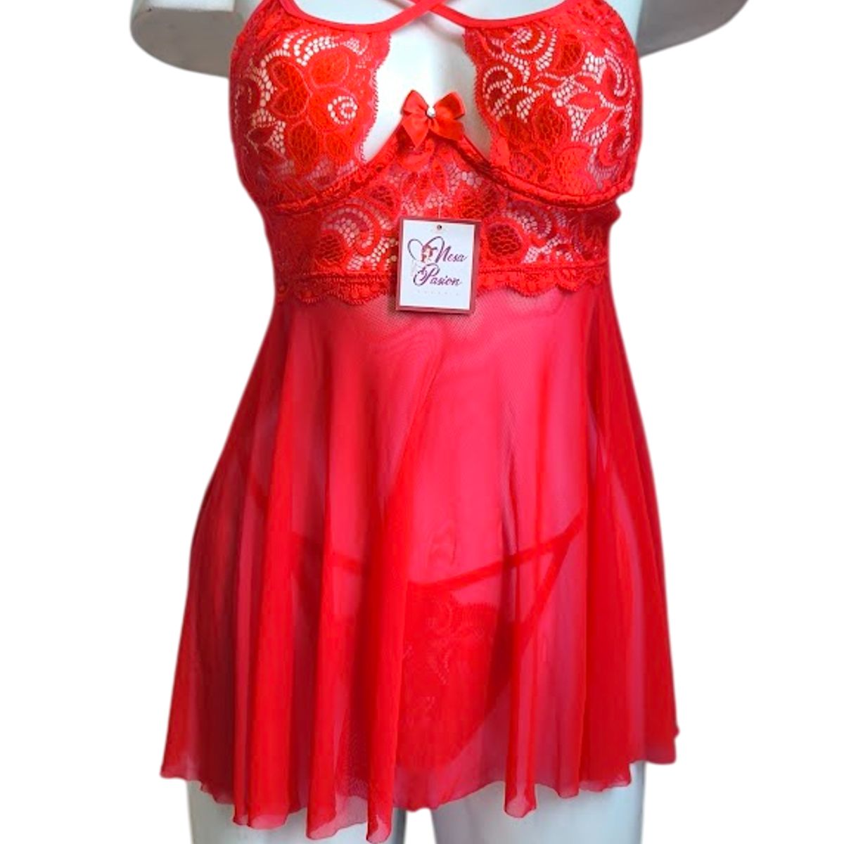 GENERICO - LENCERIA BABYDOLL DE ENCAJE NEGRO CON MEDIAS PIJAMA SEXY