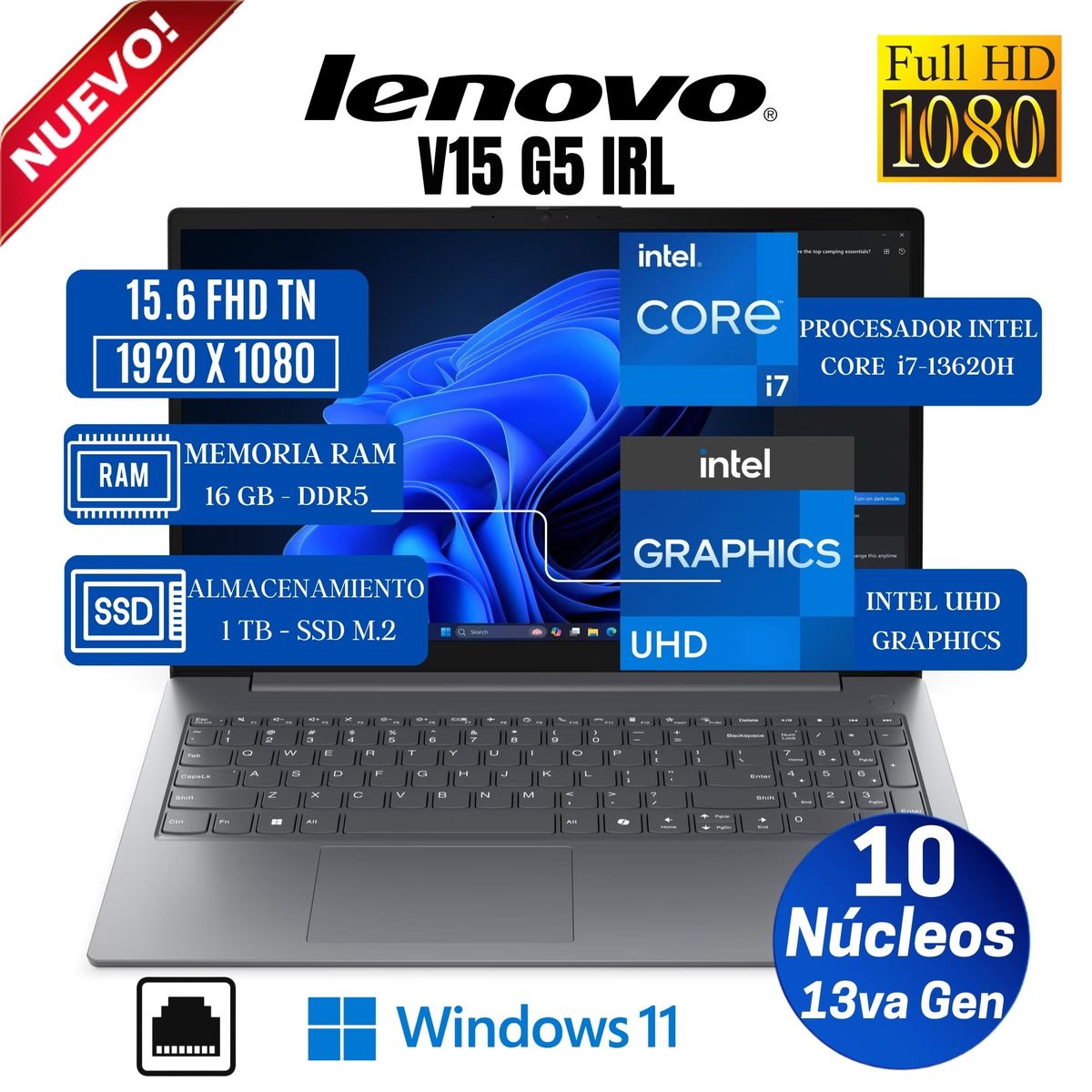 LENOVO - Laptop Lenovo V15 G5 IRL 15.6" FHD TN, Intel Core i7-13620H, 13va Gen, Ram 16GB, SSD 1TB, Win 11 Pro