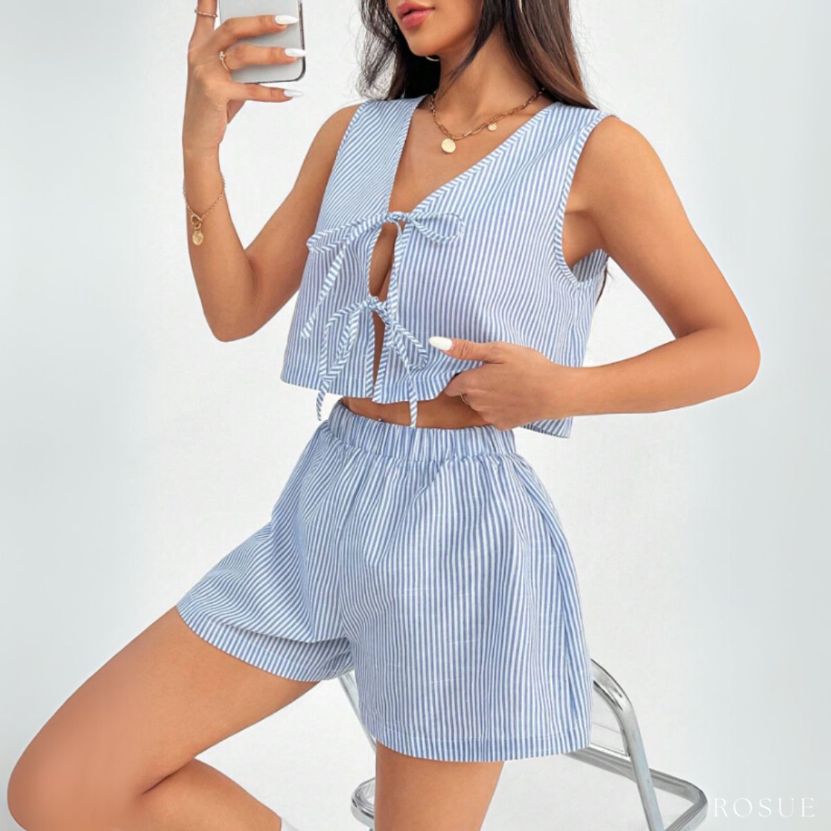 ROSUE - Conjunto playero Rayas casual 2 piezas Lino