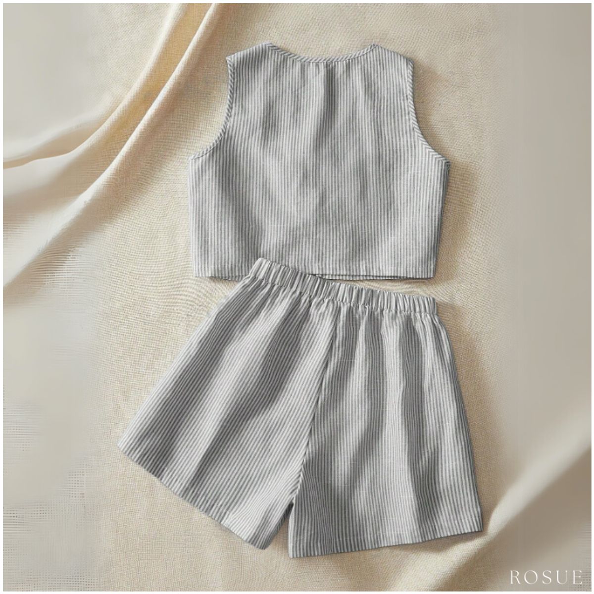 ROSUE - Conjunto playero Rayas casual 2 piezas Lino