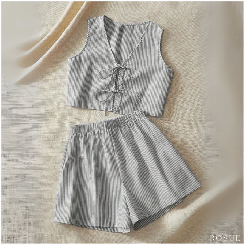 ROSUE - Conjunto playero Rayas casual 2 piezas Lino