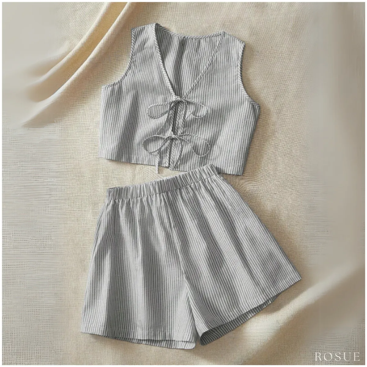 ROSUE - Conjunto playero Rayas casual 2 piezas Lino