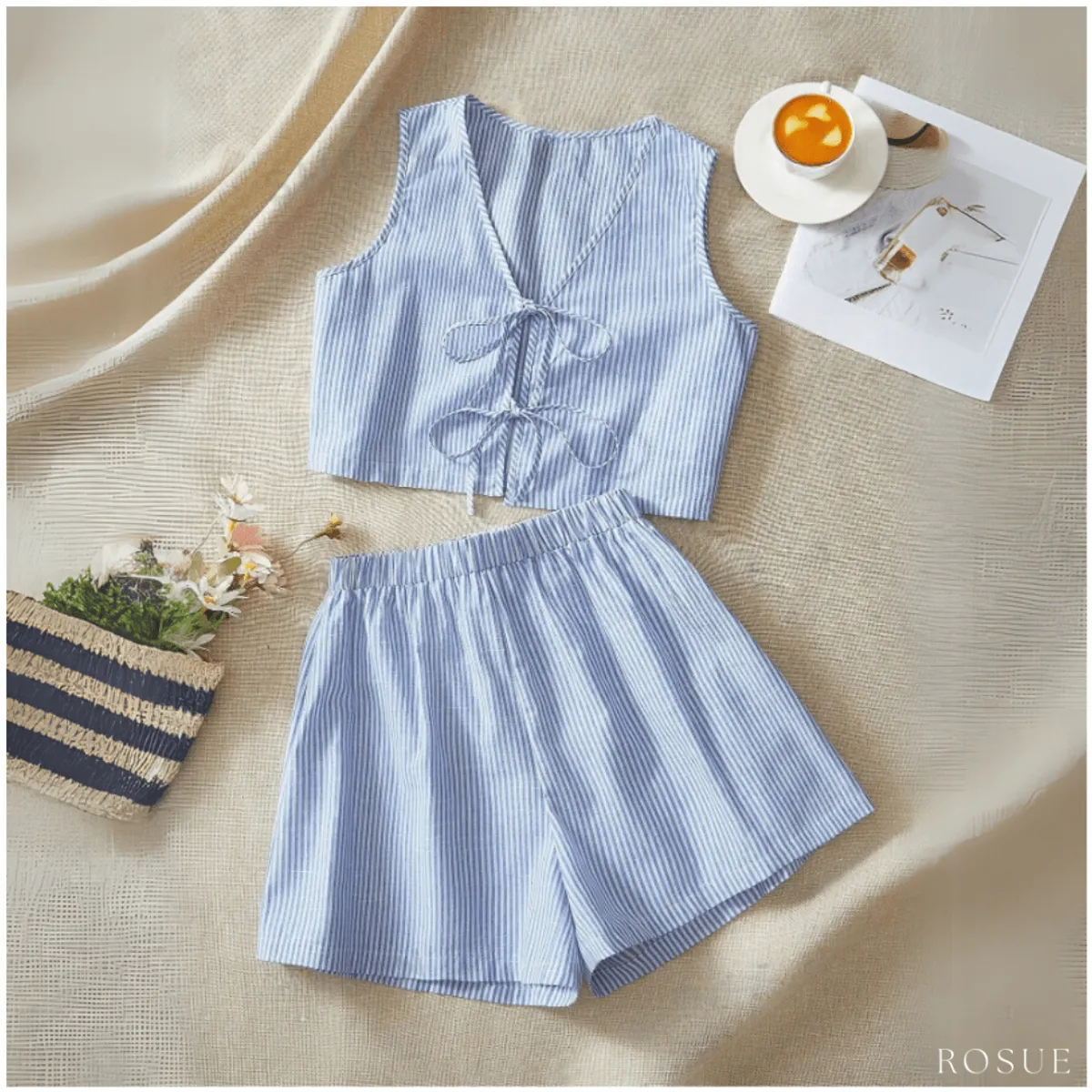 ROSUE - Conjunto short y blusa crop top Rayas 2 piezas