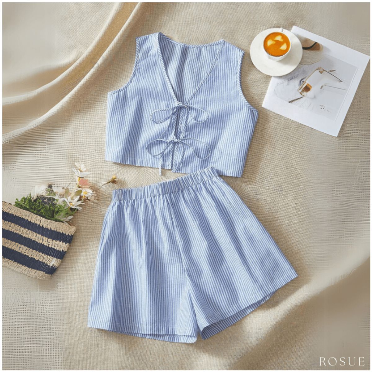 ROSUE - Conjunto short y blusa crop top Rayas 2 piezas