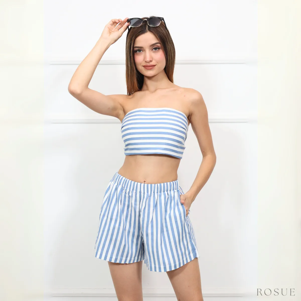 ROSUE - Conjunto Lazo mujer Top y Short Lino Rayas