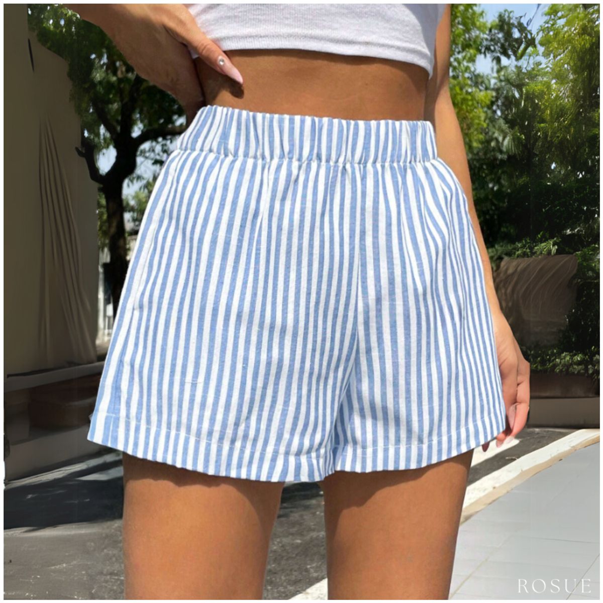 ROSUE - Short casual Lino Rayas con bolsillos
