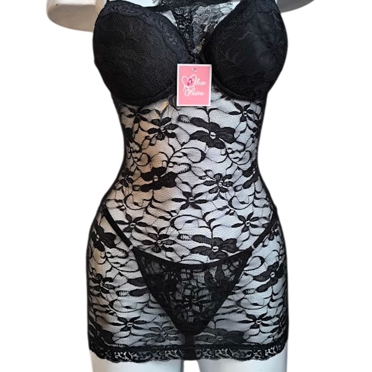 GENERICO - LENCERIA BABYDOLL DE ENCAJE NEGRO CON MEDIAS PIJAMA SEXY