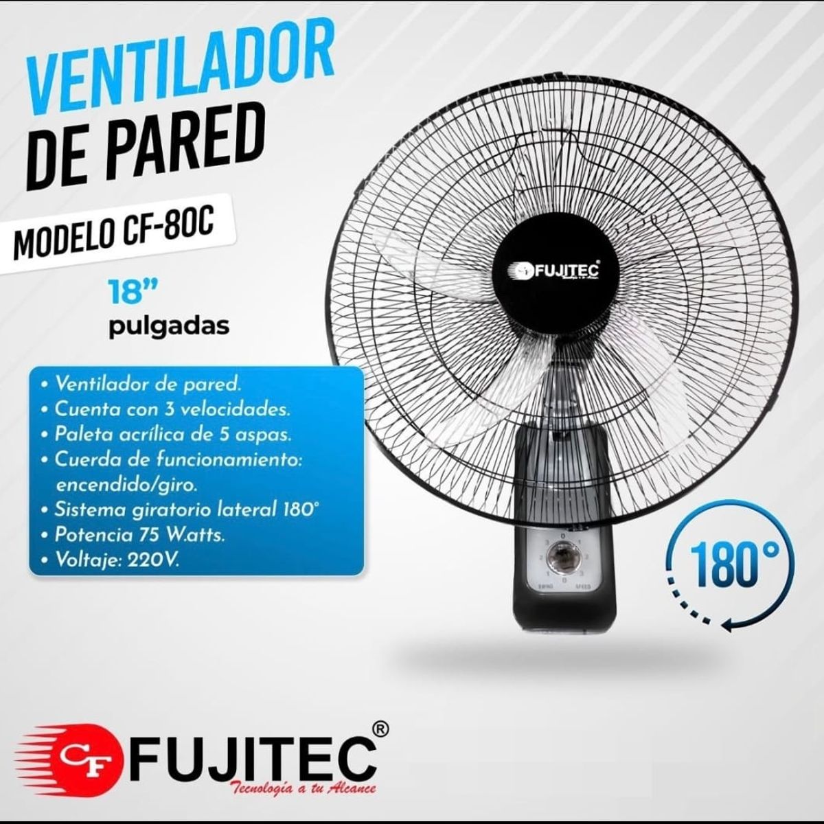 FUJITEC - Ventilador De Pared Fujitec 18"  75 Watts cf-80 Negro