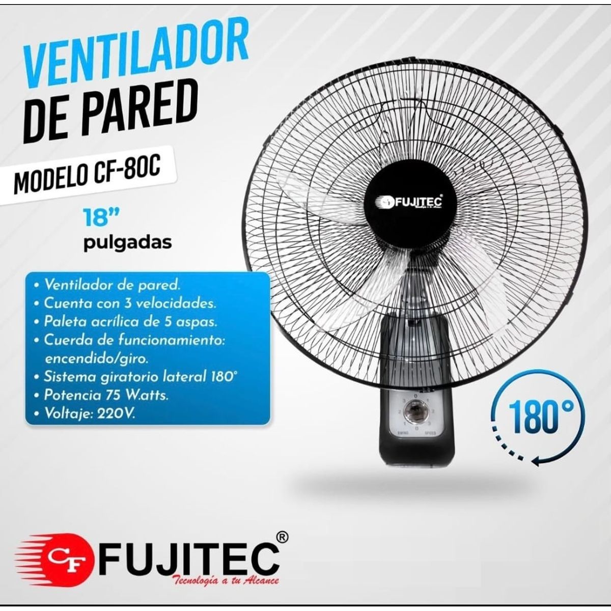 FUJITEC - Ventilador De Pared Fujitec 18"  75 Watts cf-80 Negro