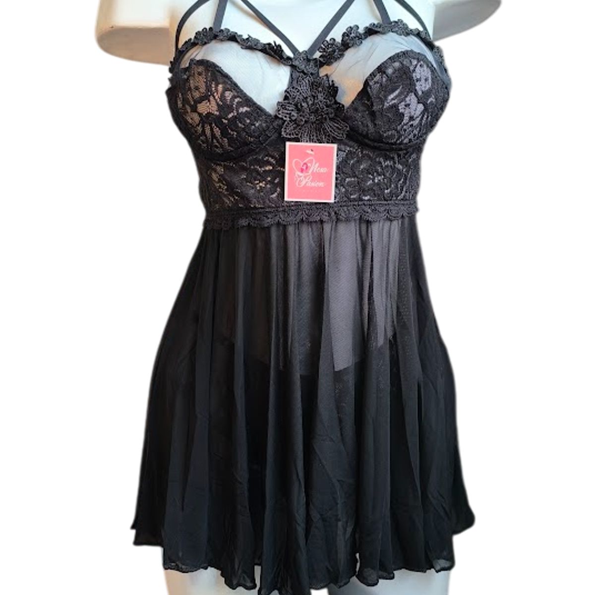 GENERICO - LENCERIA BABYDOLL DE ENCAJE NEGRO  CON MEDIAS PIJAMA SEXY