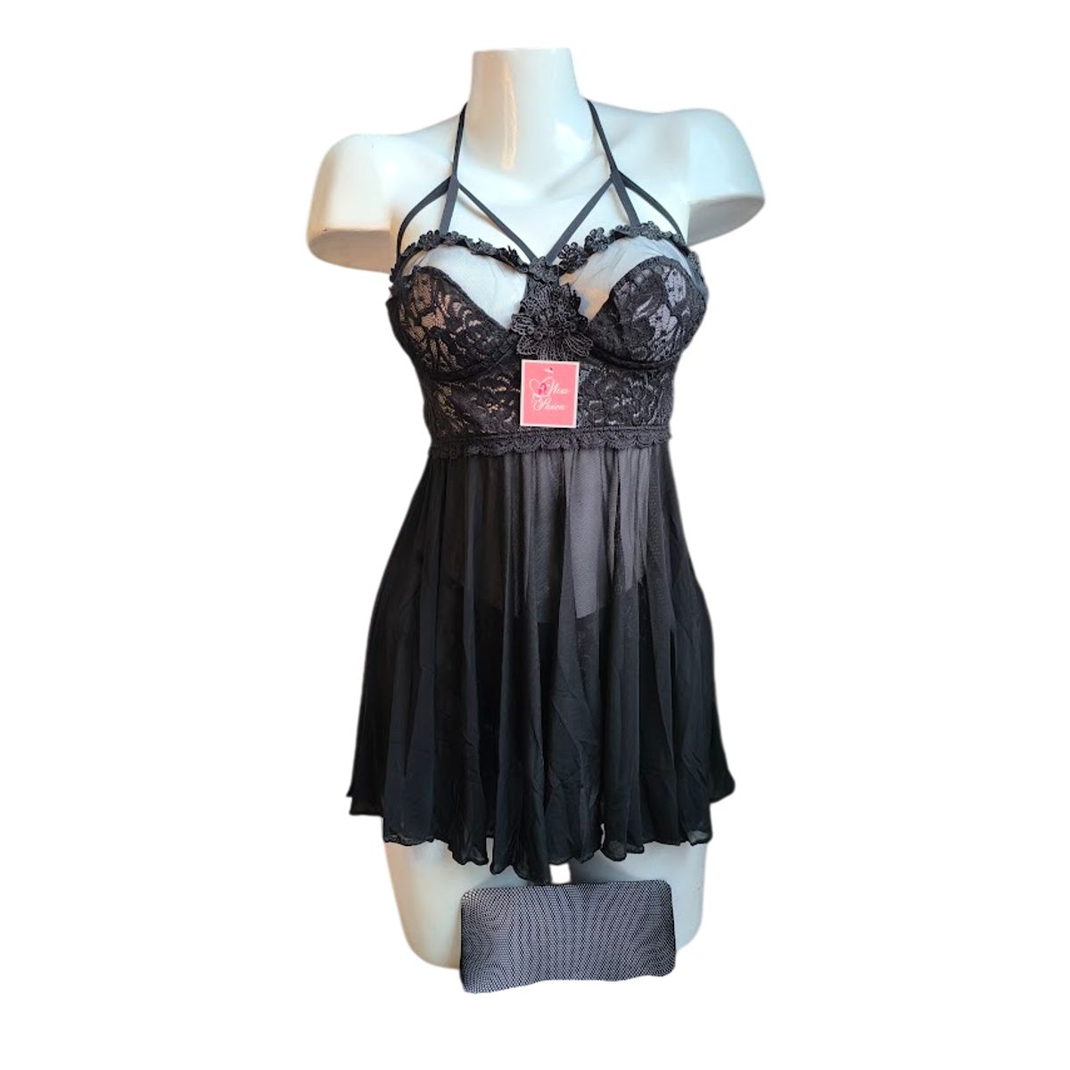 GENERICO - LENCERIA BABYDOLL DE ENCAJE NEGRO  CON MEDIAS PIJAMA SEXY