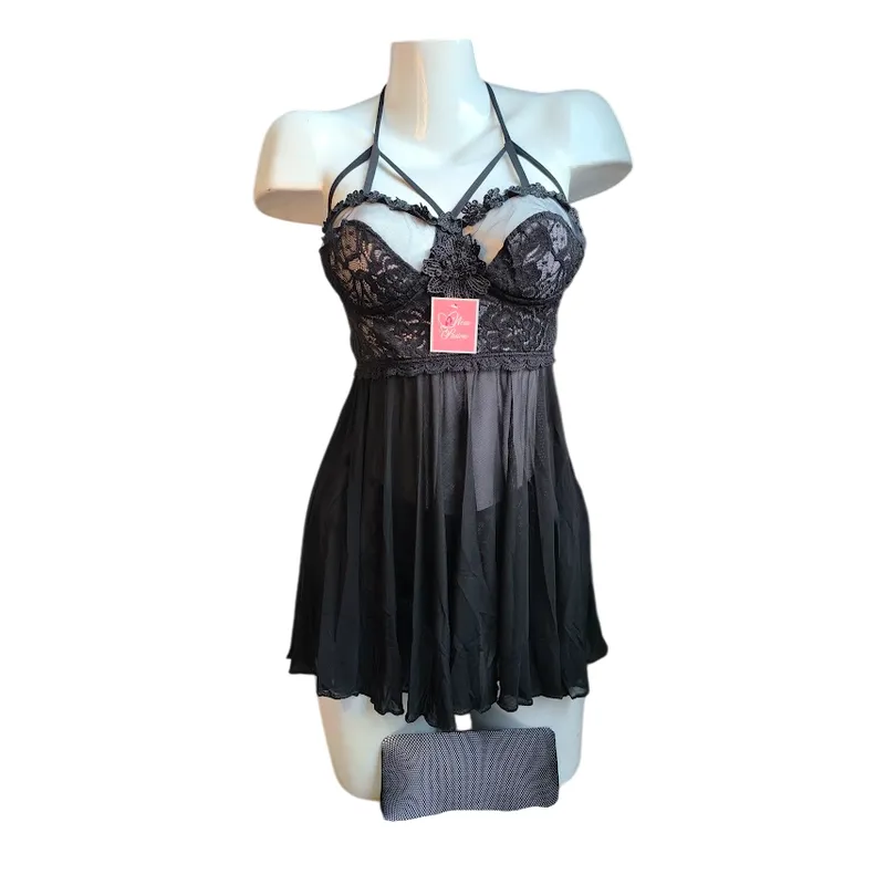 GENERICO - LENCERIA BABYDOLL DE ENCAJE NEGRO  CON MEDIAS PIJAMA SEXY