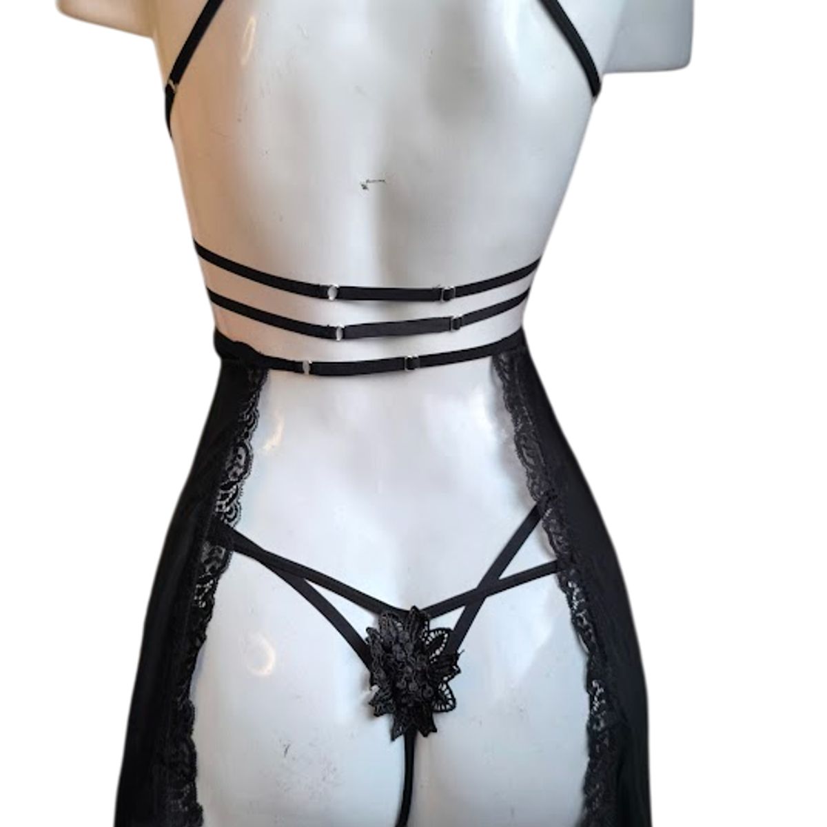 GENERICO - LENCERIA BABYDOLL DE ENCAJE NEGRO  CON MEDIAS PIJAMA SEXY