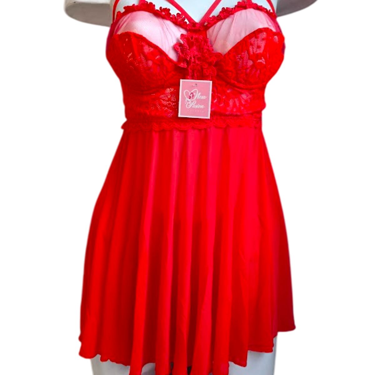 GENERICO - LENCERIA BABYDOLL DE ENCAJE ROJO  CON MEDIAS PIJAMA SEXY