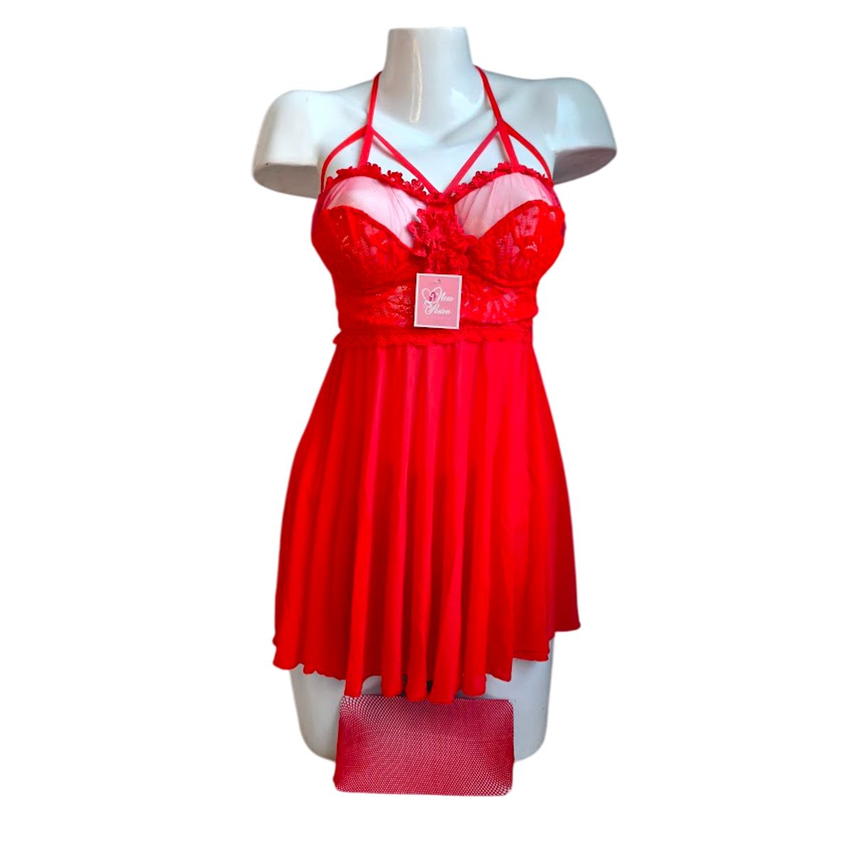 GENERICO - LENCERIA BABYDOLL DE ENCAJE ROJO  CON MEDIAS PIJAMA SEXY