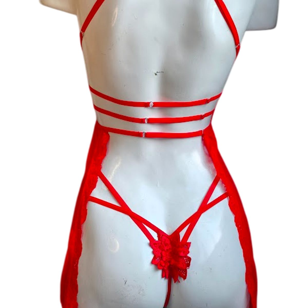 GENERICO - LENCERIA BABYDOLL DE ENCAJE ROJO  CON MEDIAS PIJAMA SEXY