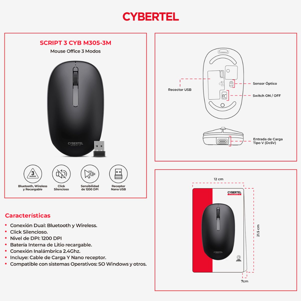 CYBERTEL - Mouse Bluetooth Script3 CYB M305-3M - WiFi Recargable - USB C - Blanco