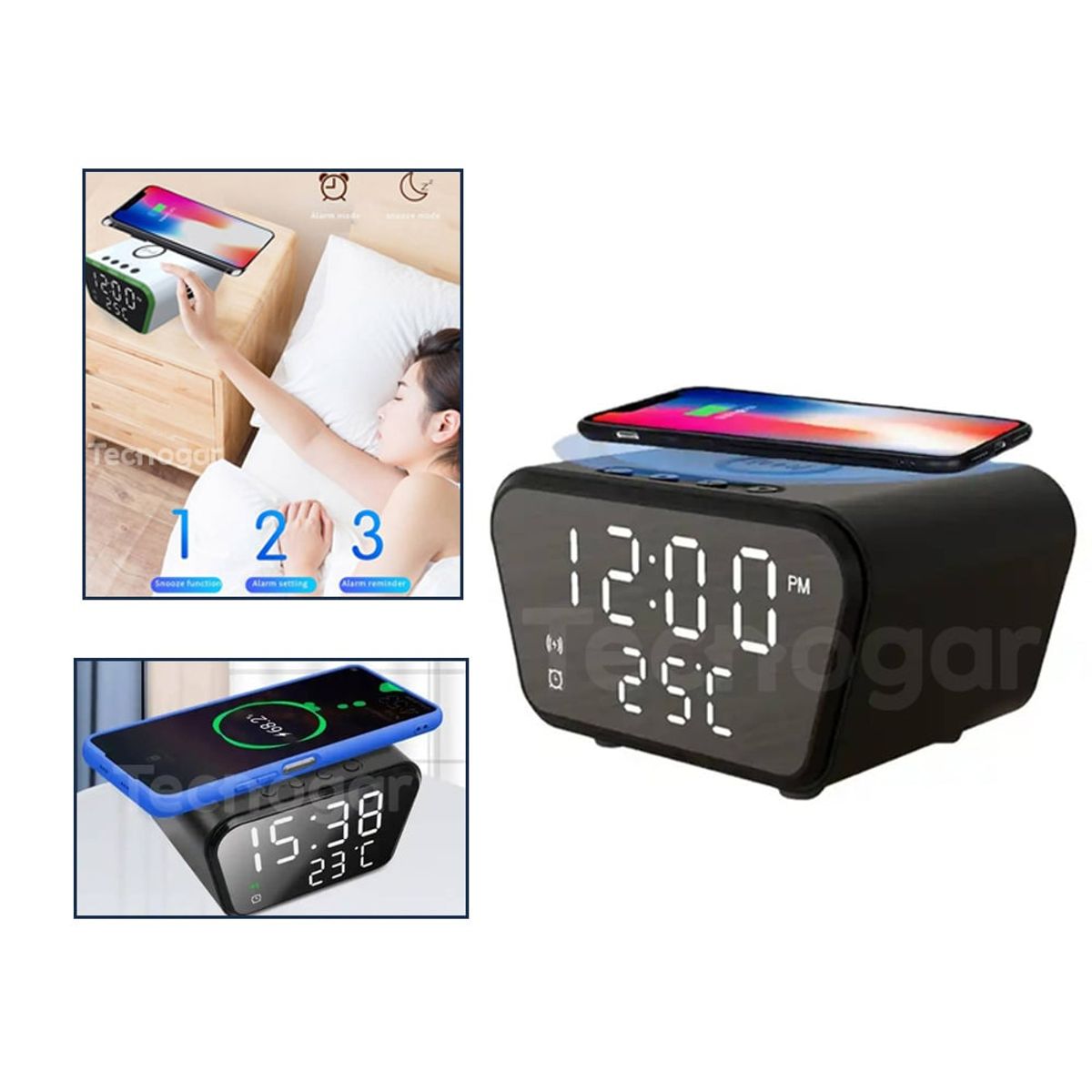 GENERICO - Reloj y Despertador con Carga Inalámbrica Alarma y Temperatura 3 en 1