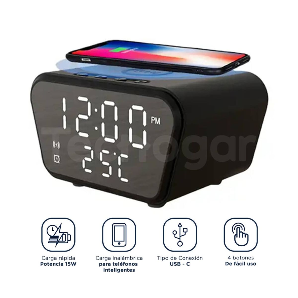 GENERICO - Reloj y Despertador con Carga Inalámbrica Alarma y Temperatura 3 en 1