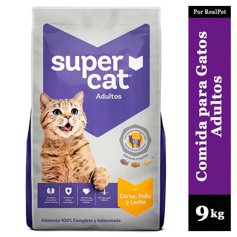 SUPER CAT - Comida para Gatos Adultos Supercat Carne Pollo Leche 9 kg