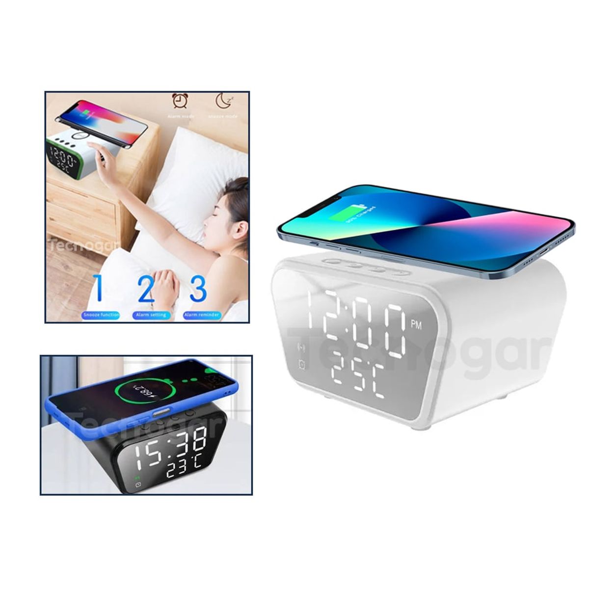 GENERICO - Cargador Inalámbrico con Pantalla Led Despertador Alarma 3 en 1