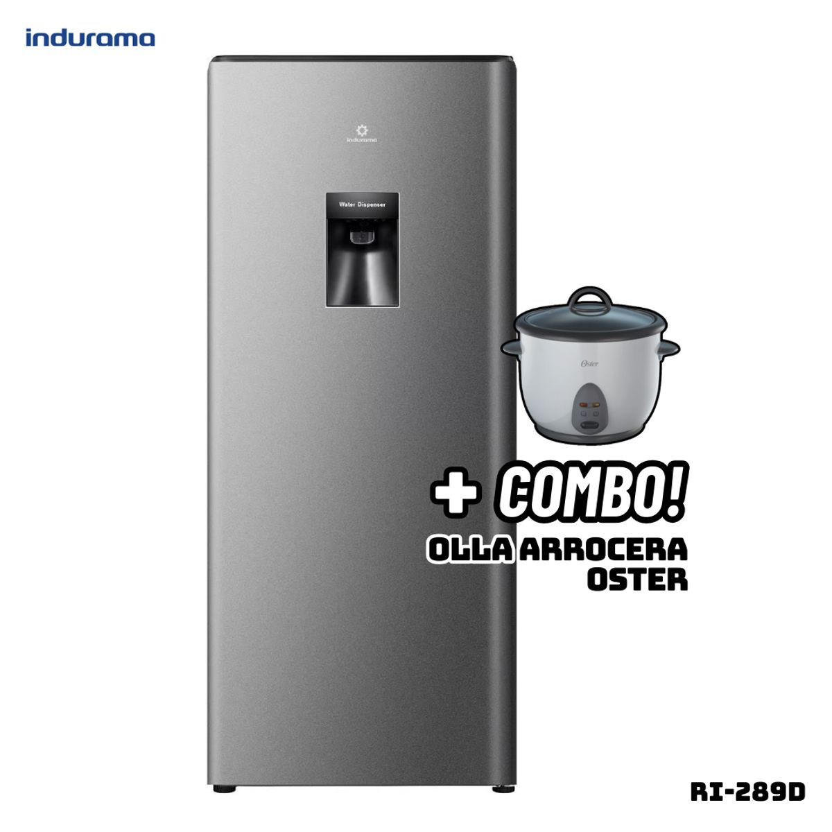 INDURAMA - REFRIGERADORA INDURAMA 177 L CON DISP DE AGUA PLATEADO - RI-289D + ARROCERA OSTER BLANCA
