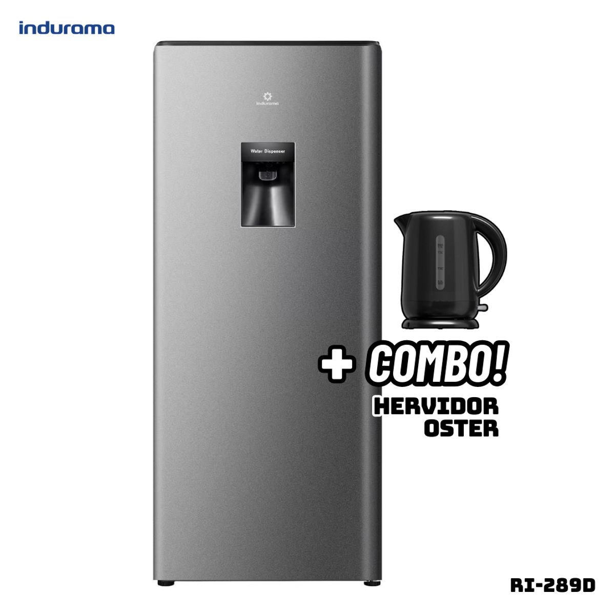INDURAMA - REFRIGERADORA INDURAMA 177 L CON DISP DE AGUA PLATEADO - RI-289D + HERVIDOR OSTER NEGRO