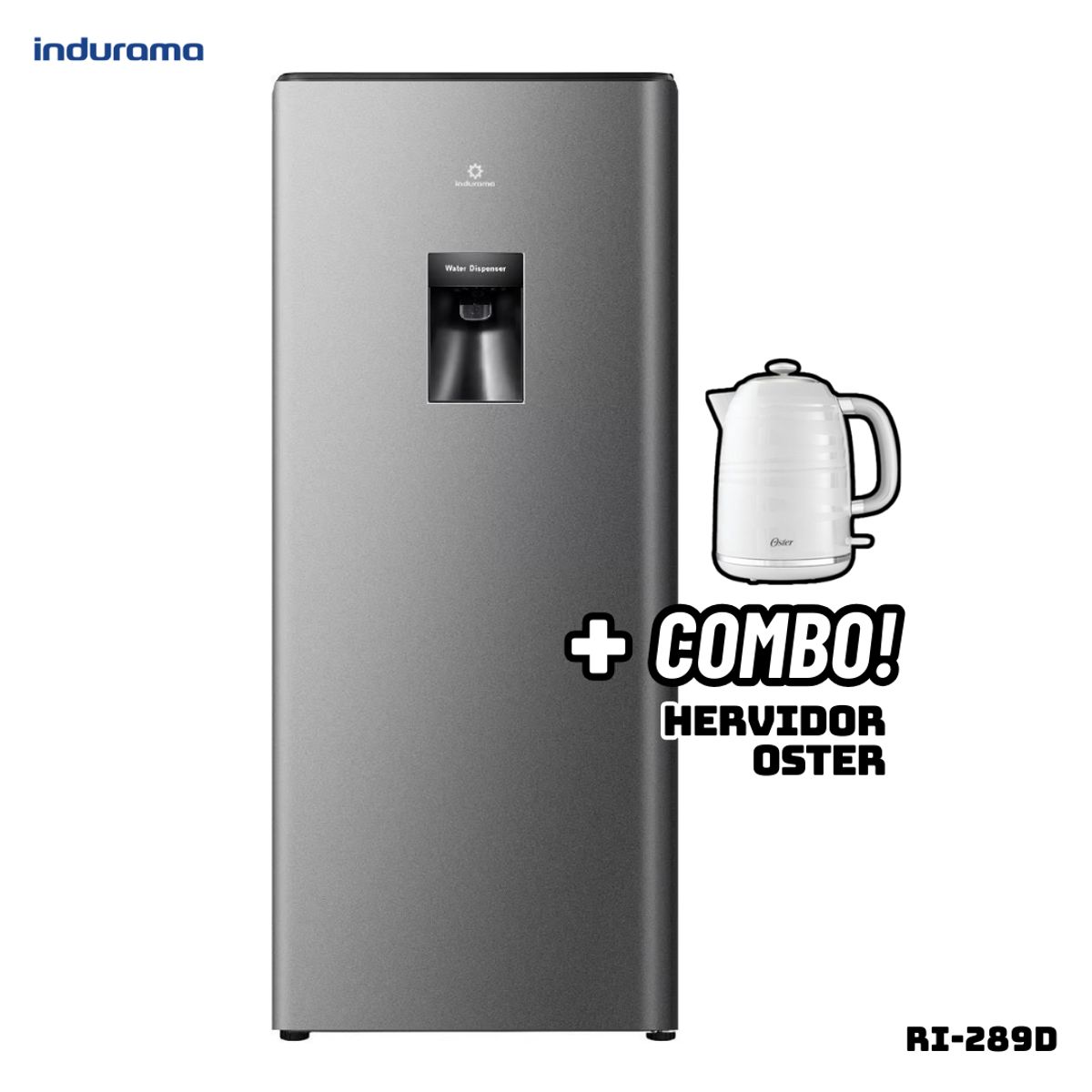 INDURAMA - REFRIGERADORA INDURAMA 177 L CON DISP DE AGUA PLATEADO - RI-289D + HERVIDOR OSTER BLANCO