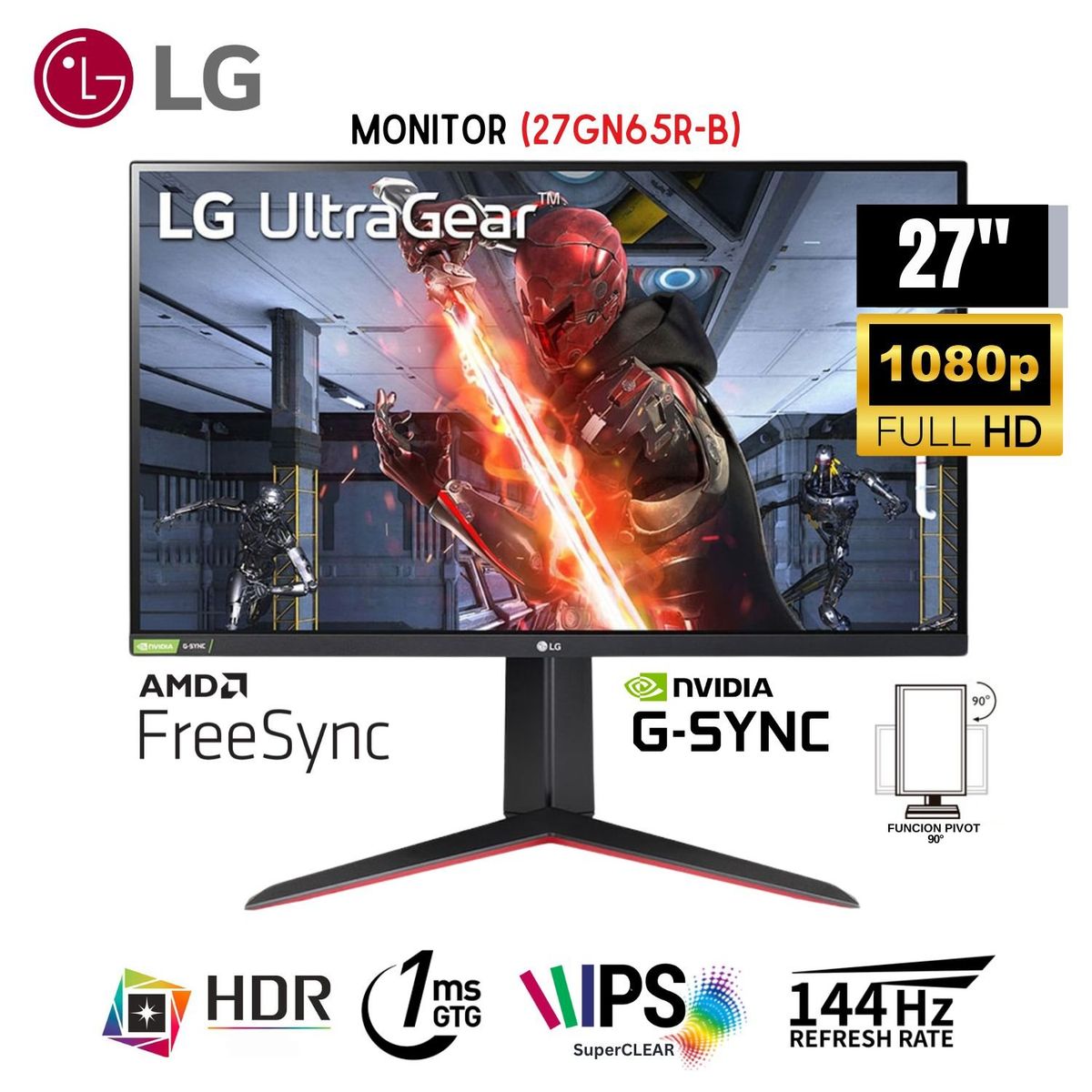LG - Monitor LG 27GN65R-B de 27 Pulg 144HZ 1MS IPS FHD PIVOT Antirreflejo