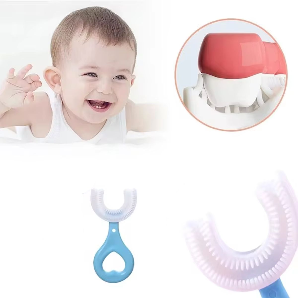 GENERICO - SET 3 CEPILLO PARA NIÑOS EN FORMA DE U 360° 2-6 AÑOS CELESTE