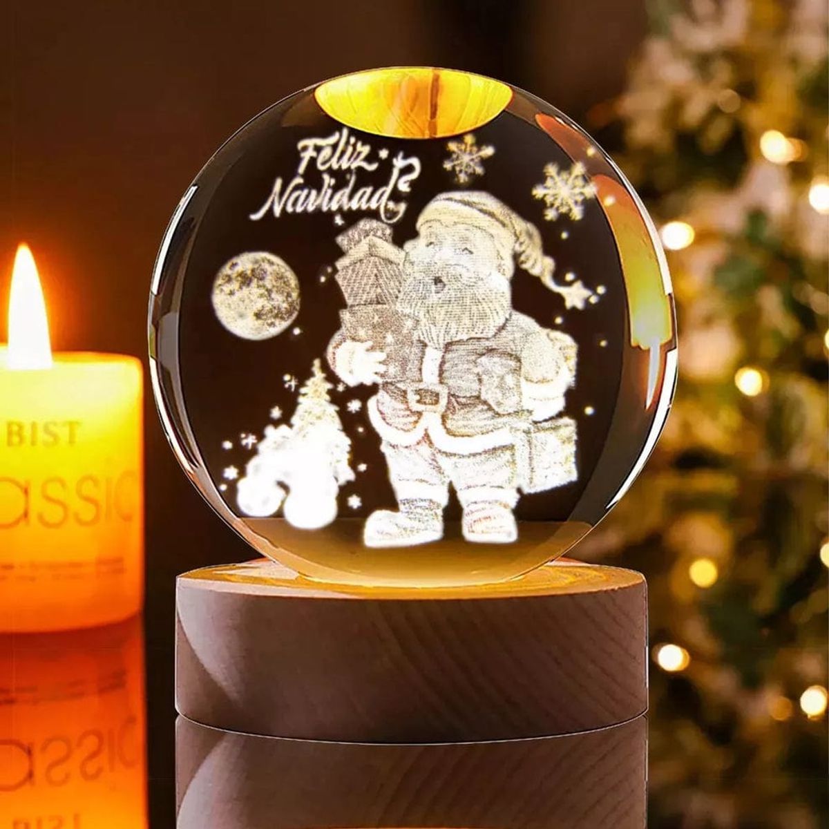 GENERICO - ESFERA DE CRISTAL LÁMPARA ADORNO PAPA NOEL FELIZ NAVIDAD LED 3D
