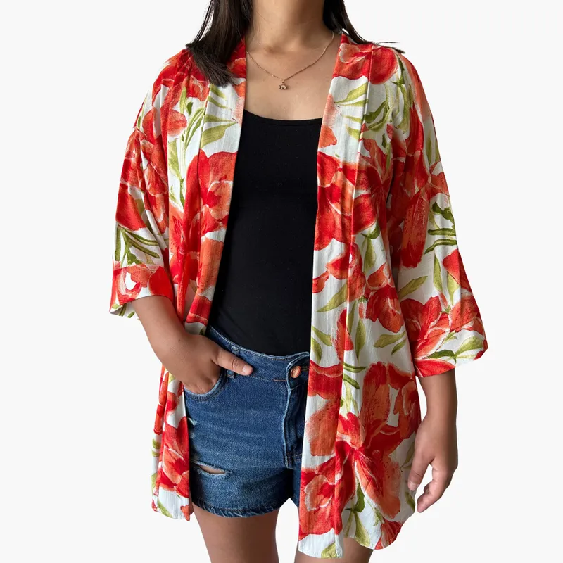 KAST PE - Kimono mujer Capa en Lino Velours Floral - Talla M