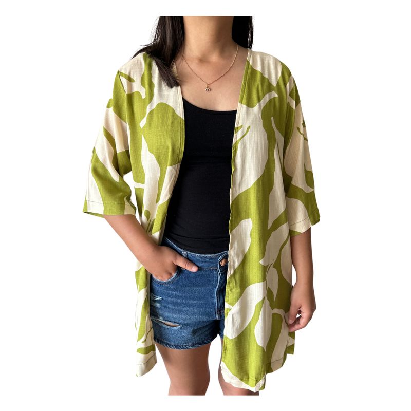 KAST PE - Kimono Corto de Lino Vienna con estampado de Hojas - Talla M