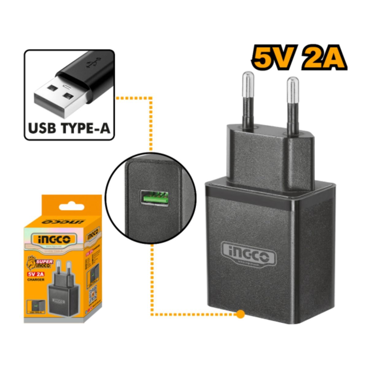 INGCO TOOLS - CARGADOR TIPO A SALIDA USB CARGA RAPIDA 5V2A INGCO