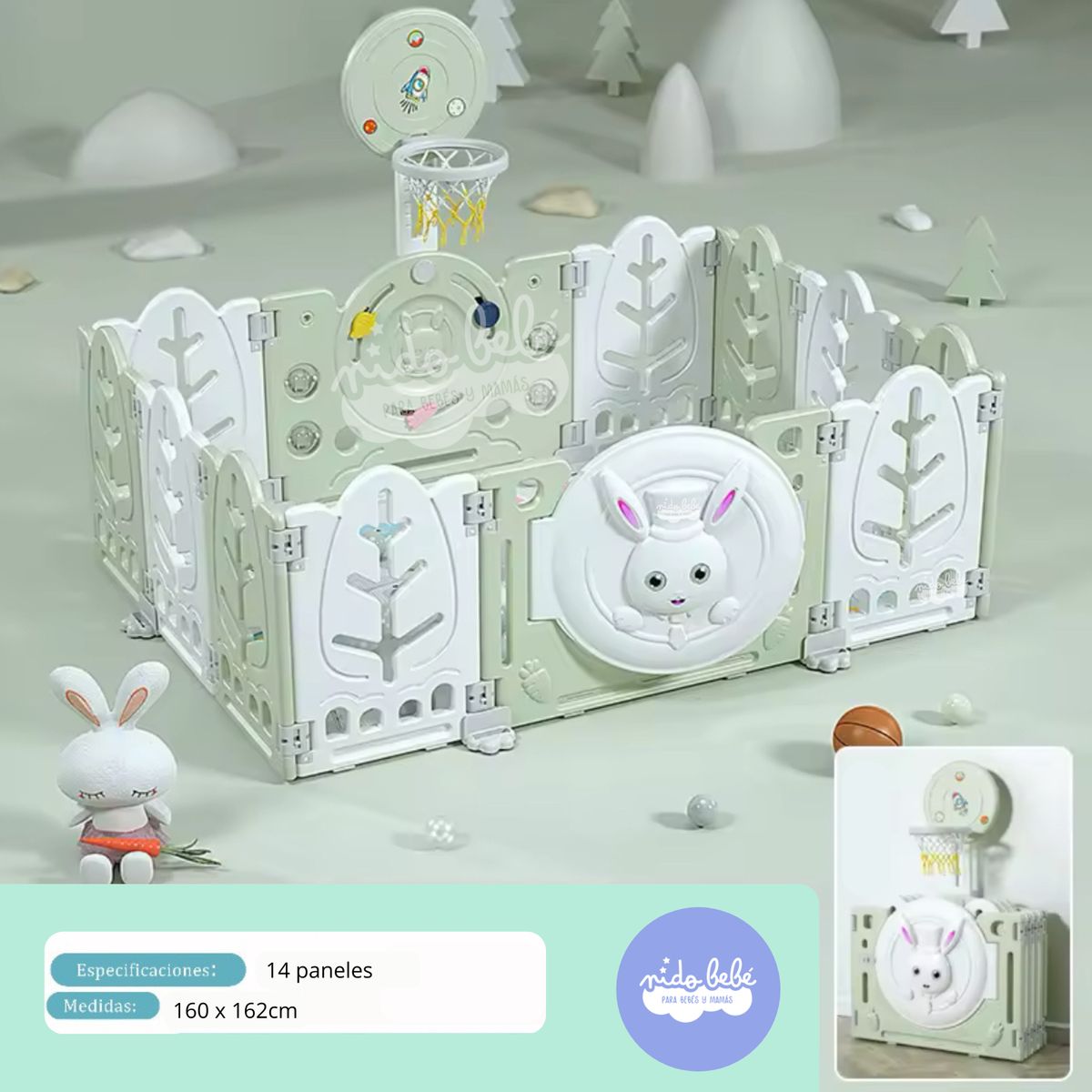 GENERICO - CERCO PLEGABLE Modelo Conejito con Aro de Basket Verde