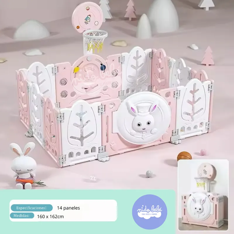 GENERICO - CERCO PLEGABLE Modelo Conejito con Aro de Basket Rosa