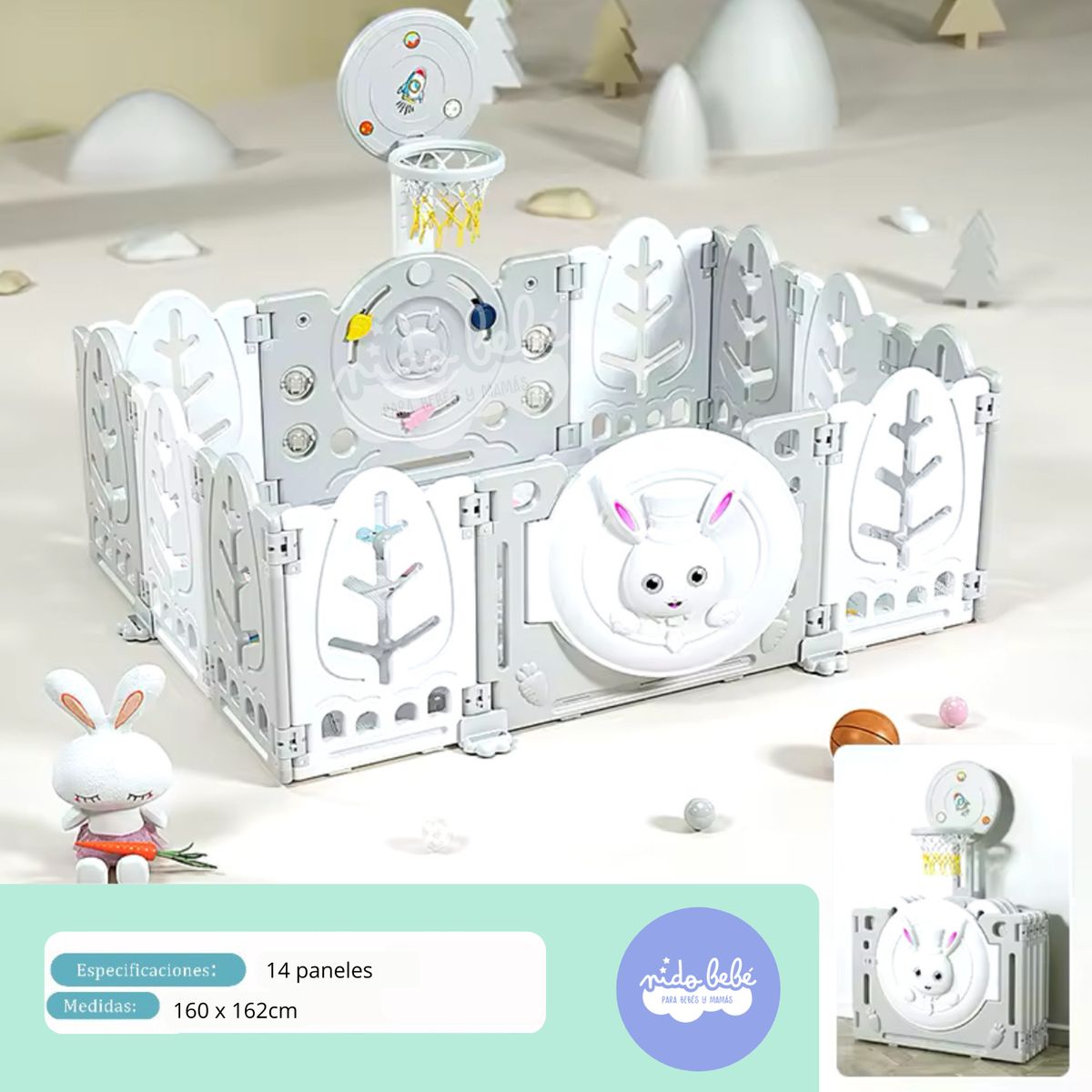 GENERICO - CERCO PLEGABLE Modelo Conejito con Aro de Basket Plomo