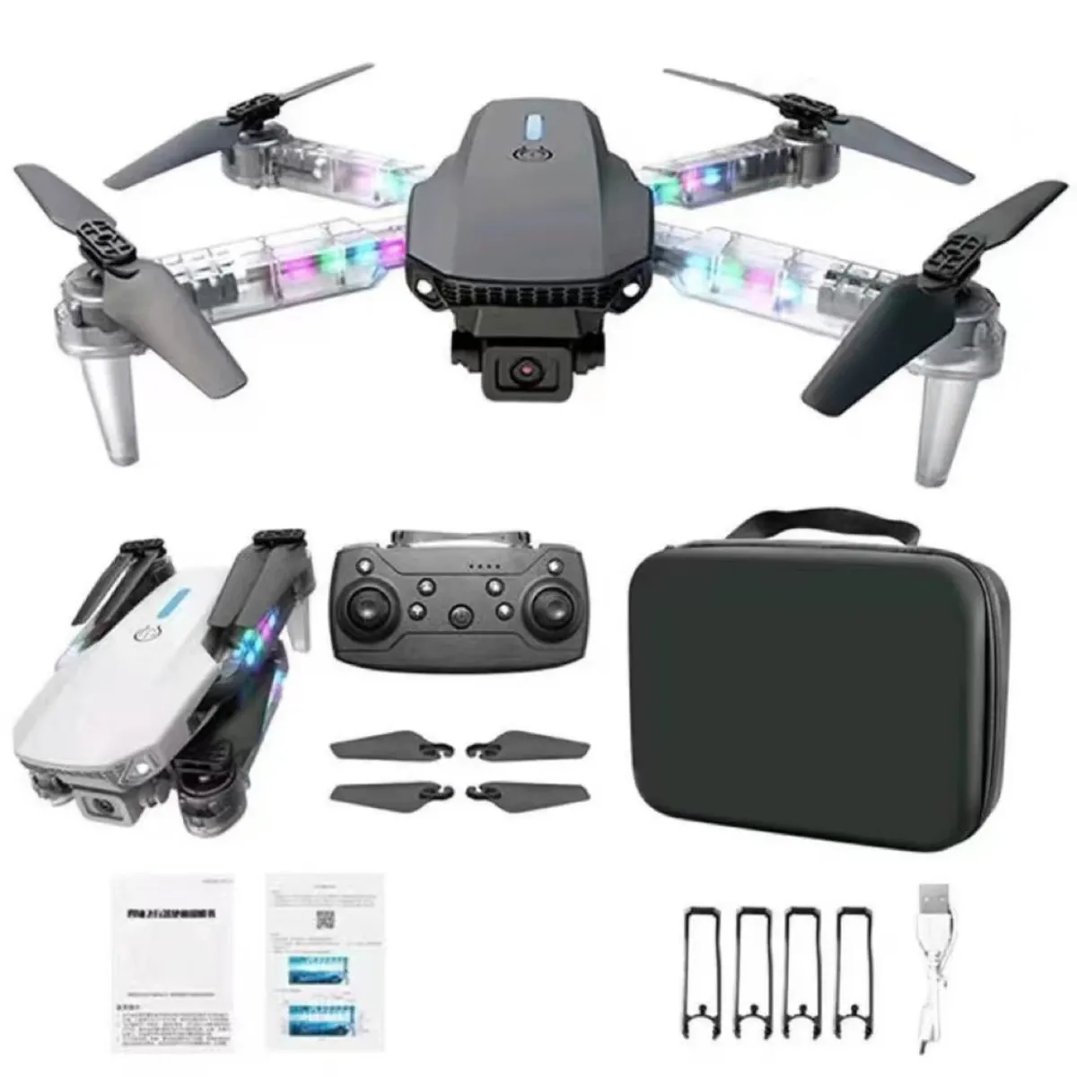 GENERICO - Drone E88D Max con Doble Camara HD luz RGB incluye Estuche y Repuestos
