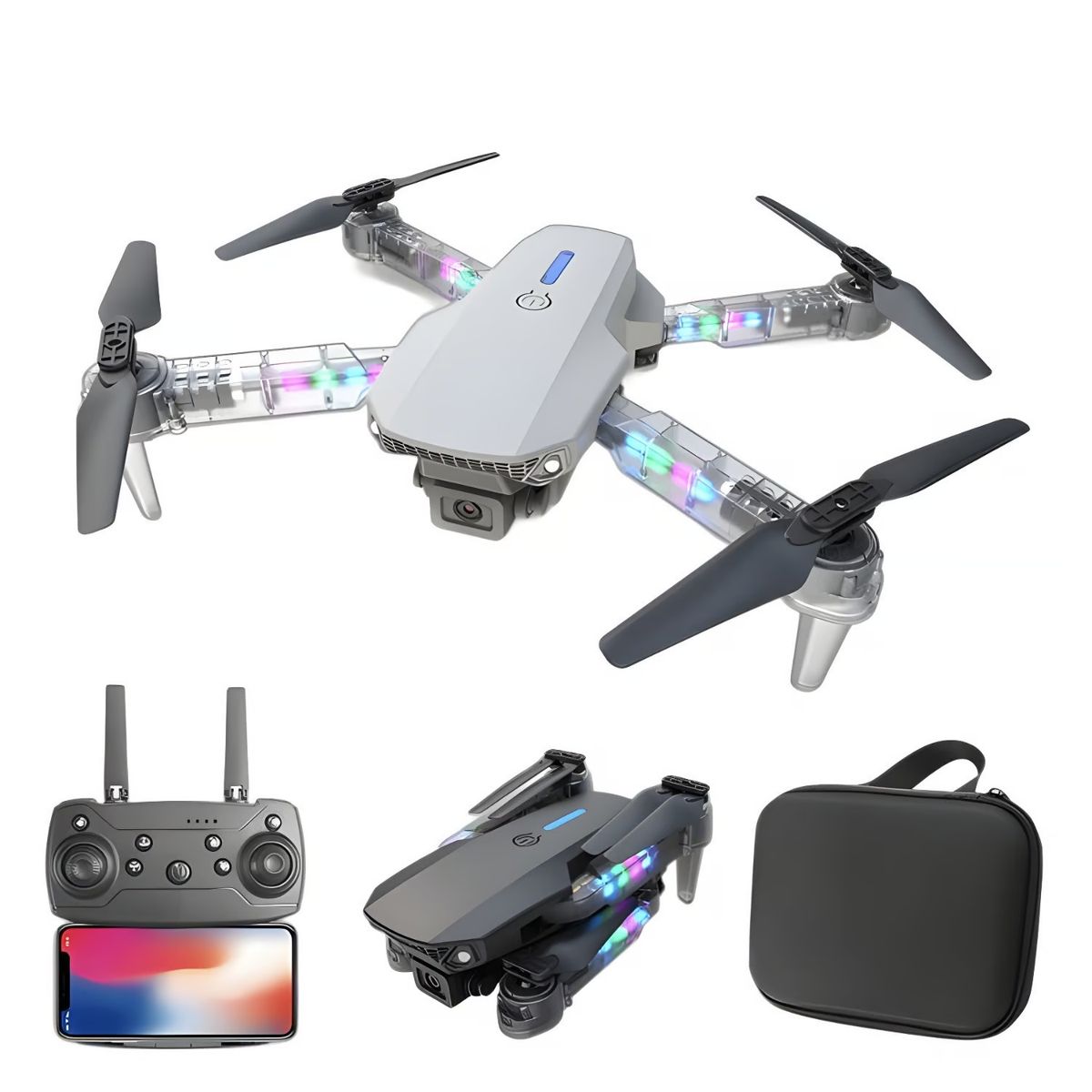 GENERICO - Drone E88D Max con Doble Camara HD luz RGB incluye Estuche y Repuestos