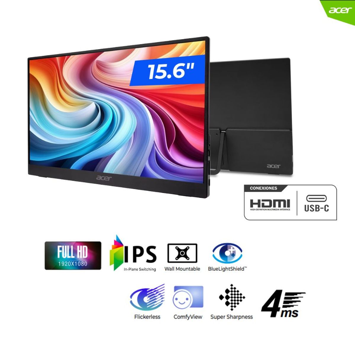 ACER - MONITOR ACER PORTATIL PM161Q 156 FHD IPS 4ms 1x Mini HDMI 1x USBC