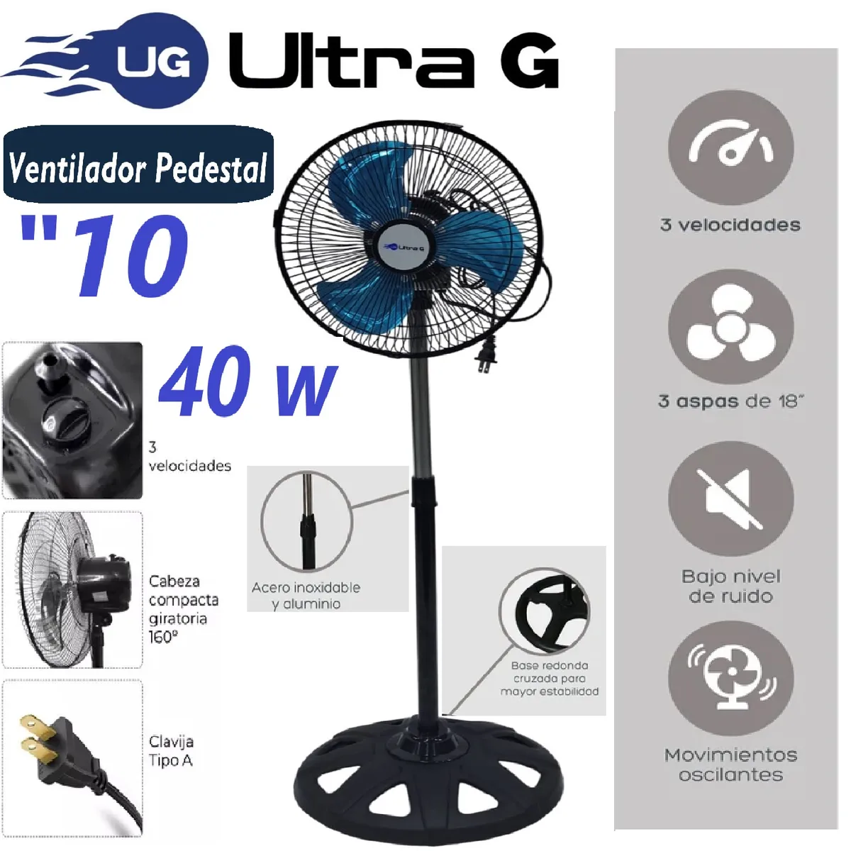 GENERICO - Ventilador Pedestar 10 Pulgadas 40 Wats Silencioso Ultra G