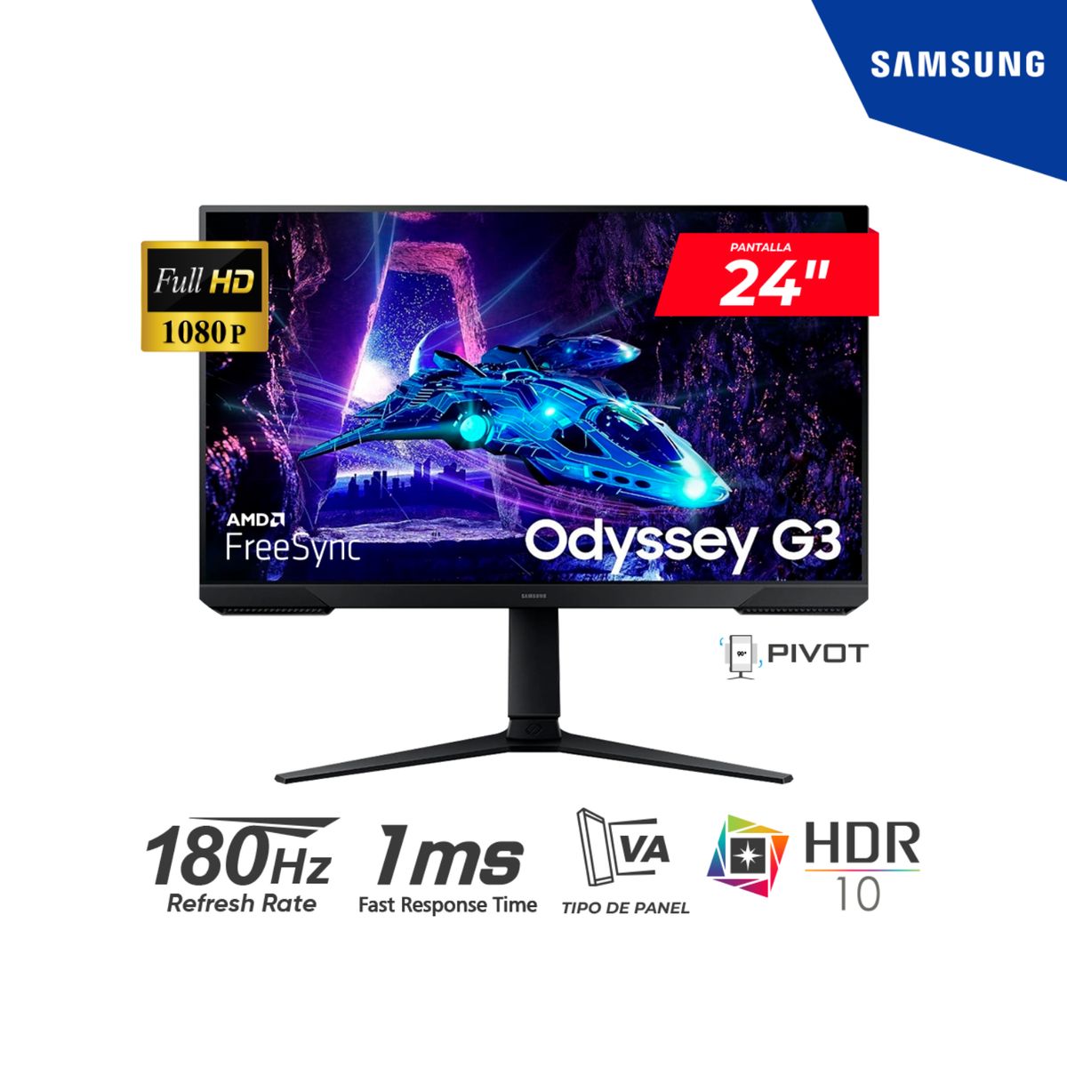 SAMSUNG - MONITOR SAMSUNG GAMING Odyssey G3 24 VA FHD 180Hz 1ms FreeSync