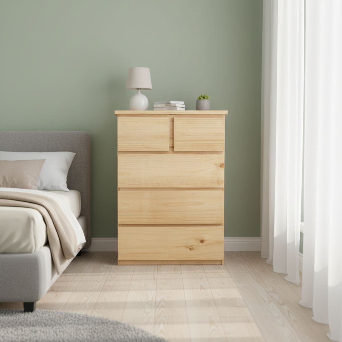 GENERICO - COMODA CAJONERA 5 CAJONES DE PINO COLOR NATURAL