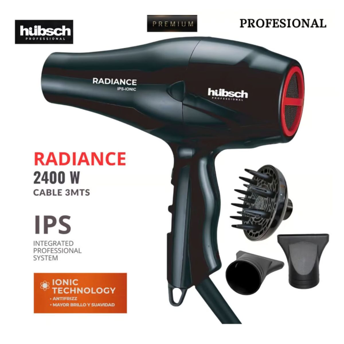HUBSCH - Secador de Cabello Profesional Premium 2400W HUBSCH RADIANCE Negro
