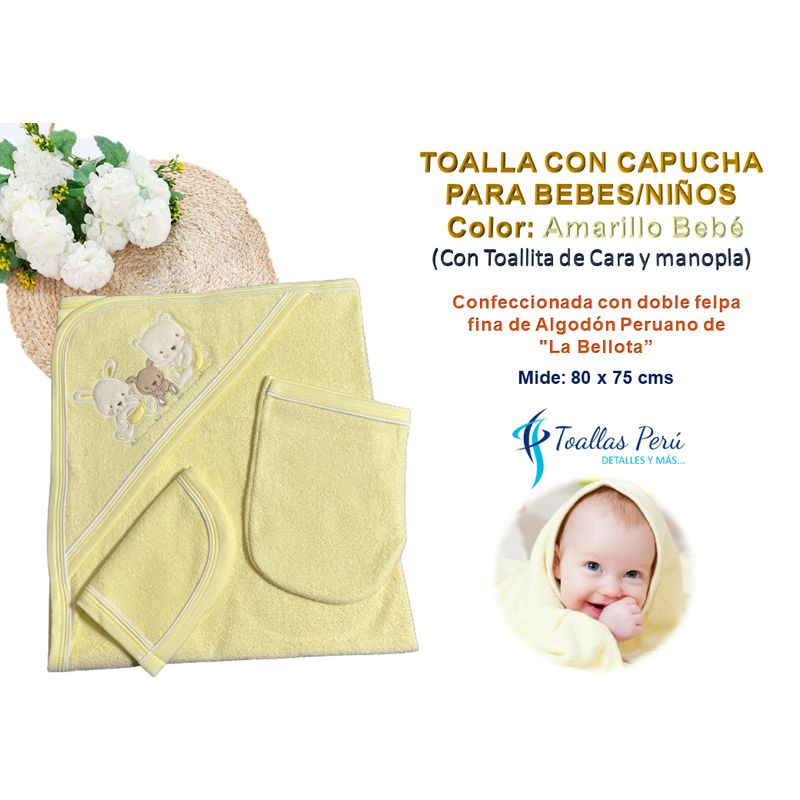 TOALLAS PERU DETALLES Y MAS - Toalla con Capucha Bebé-Niño Amarillo - Alg La Bellota