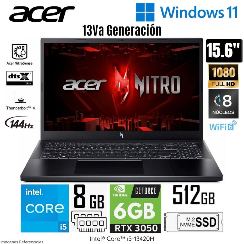 ACER - Laptop Acer NITRO V15 ANV15-51-56GH Intel Core i5 13va Gen 8GB RAM 512GB SSD 156 FHD RTX3050